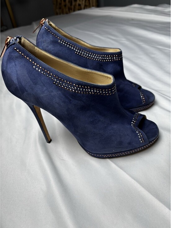 Jimmy Choo Shoes - Jimmy Choo Navy Blue Suede Peep Toe High Heel Booties with Z